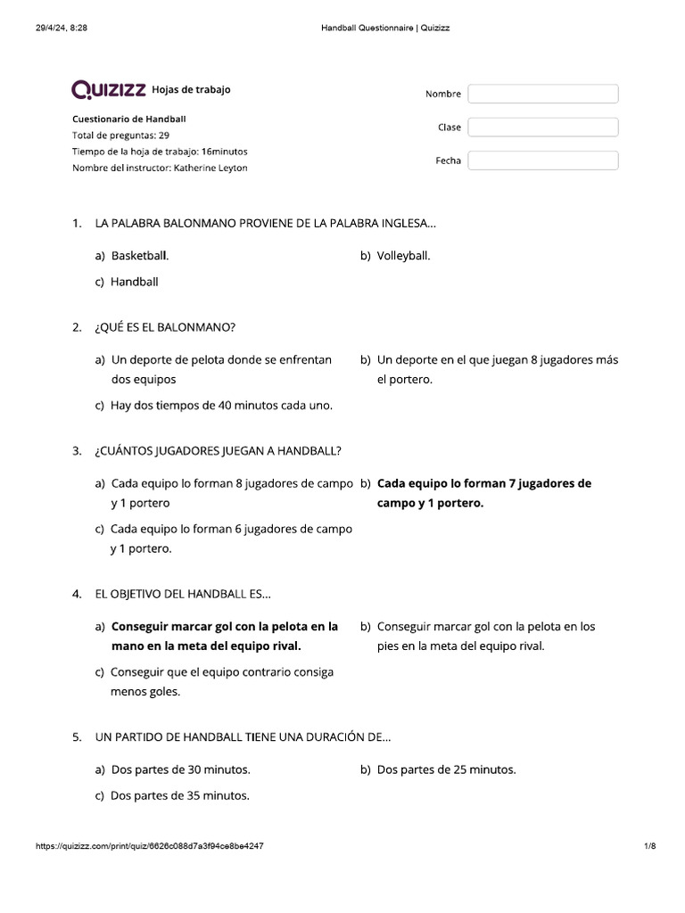 Handball Questionnaire - Quizizz | PDF