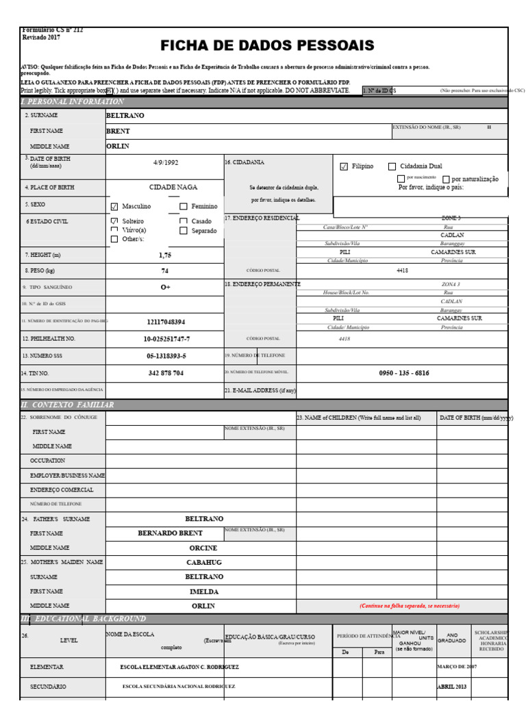 Formulário CS nº 212: Dados Pessoais | PDF | Passaporte