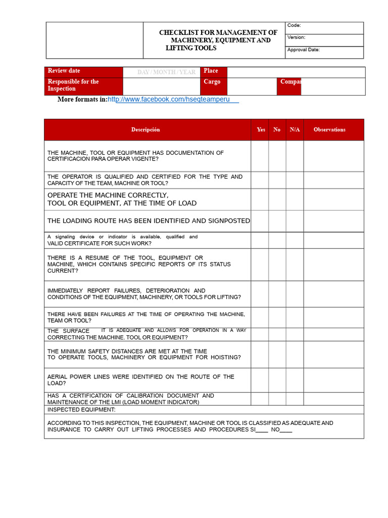 Machinery and Lifting Tools Checklist | PDF