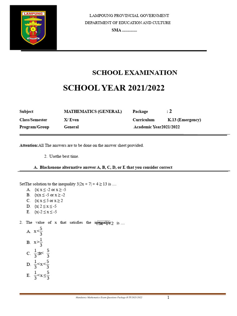 2021/2022 Mathematics Exam Questions | PDF | Inequality (Mathematics ...