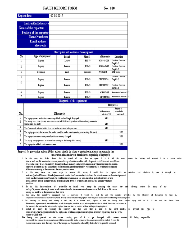 Educational Equipment Fault Report Form | PDF | Laptop | Computer Virus
