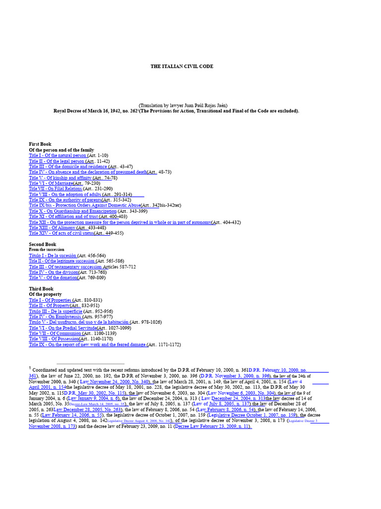 Italian Civil Code Overview | PDF | Decree | Private Law