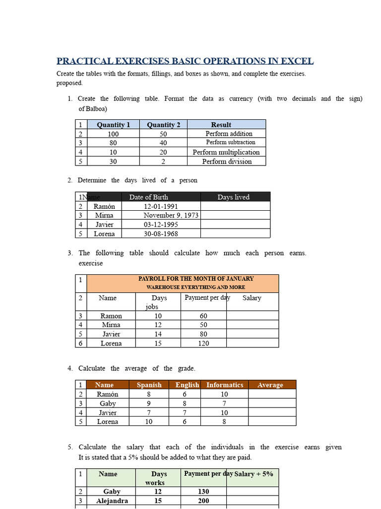 Excel Basic Operations Exercises | PDF