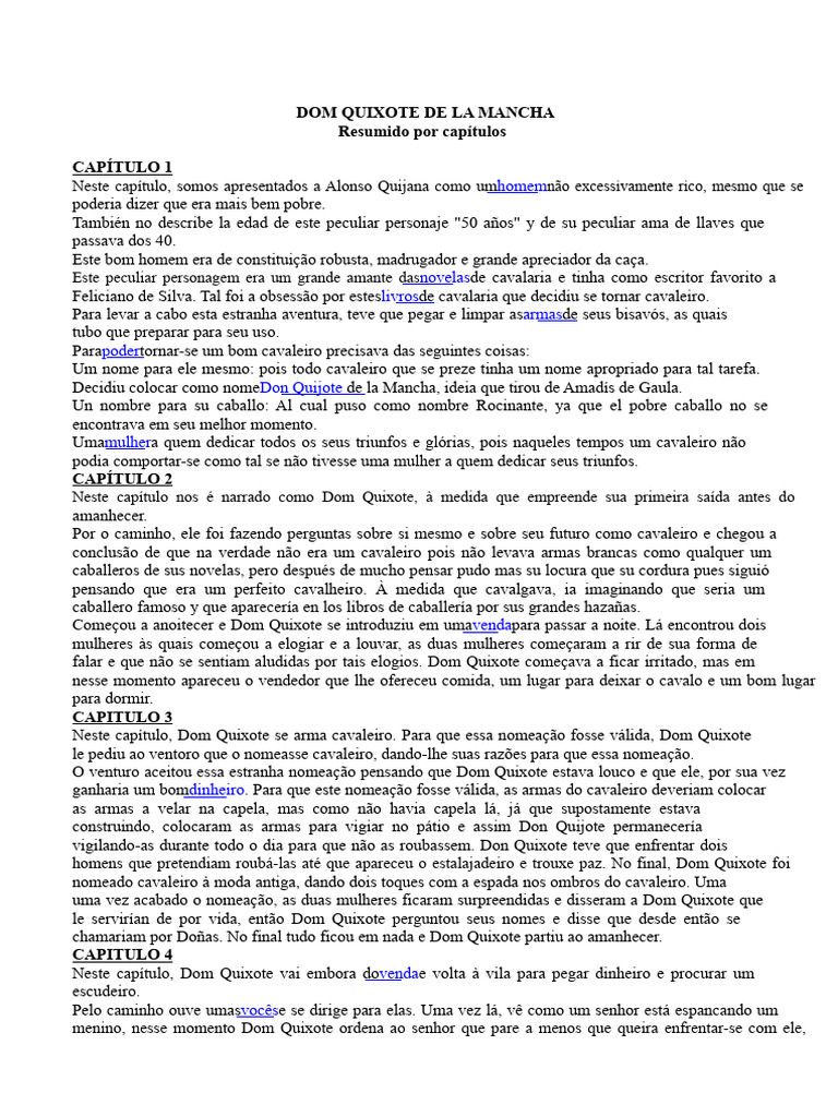 Resumo de Dom Quixote por Capítulos | PDF | Dom Quixote | Amor