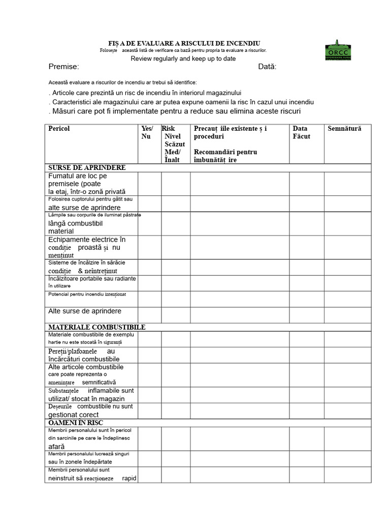 Fise de Control Pentru Evaluarea Riscului de Incendiu | PDF
