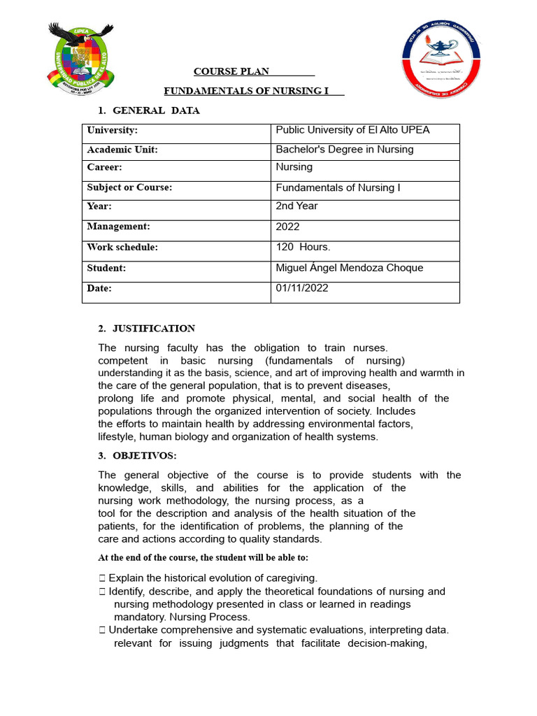 Fundamentals of Nursing I Course Plan | PDF | Nursing | Methodology