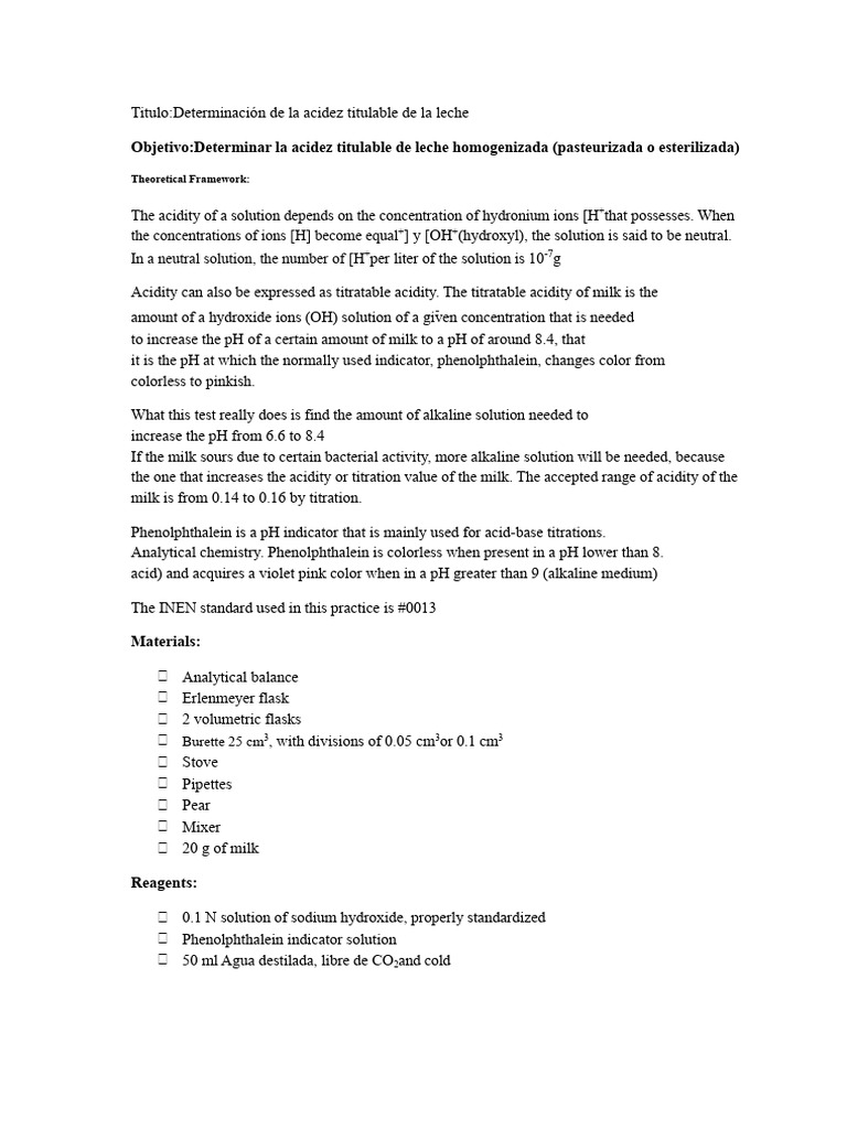 Titratable Acidity of Milk | PDF | Ph | Titration