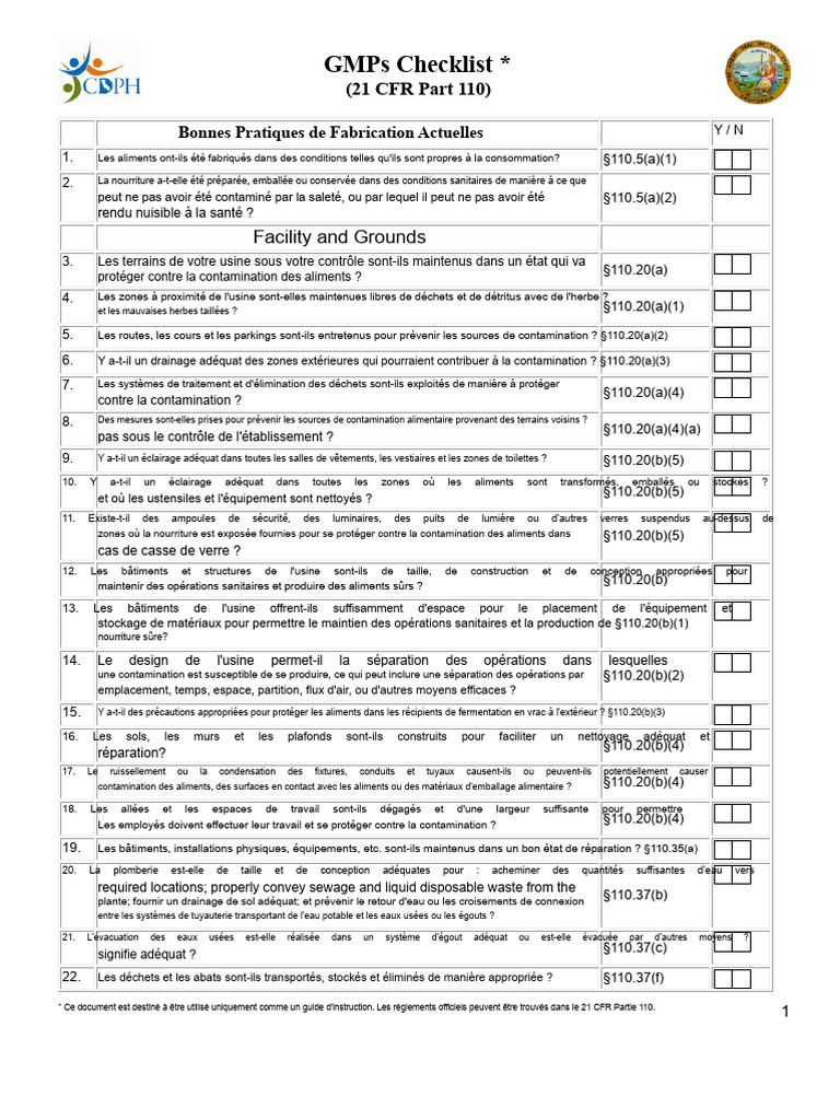 Liste de contrôle des BPF (21 CFR 110) | PDF | Nourritures | Plomberie