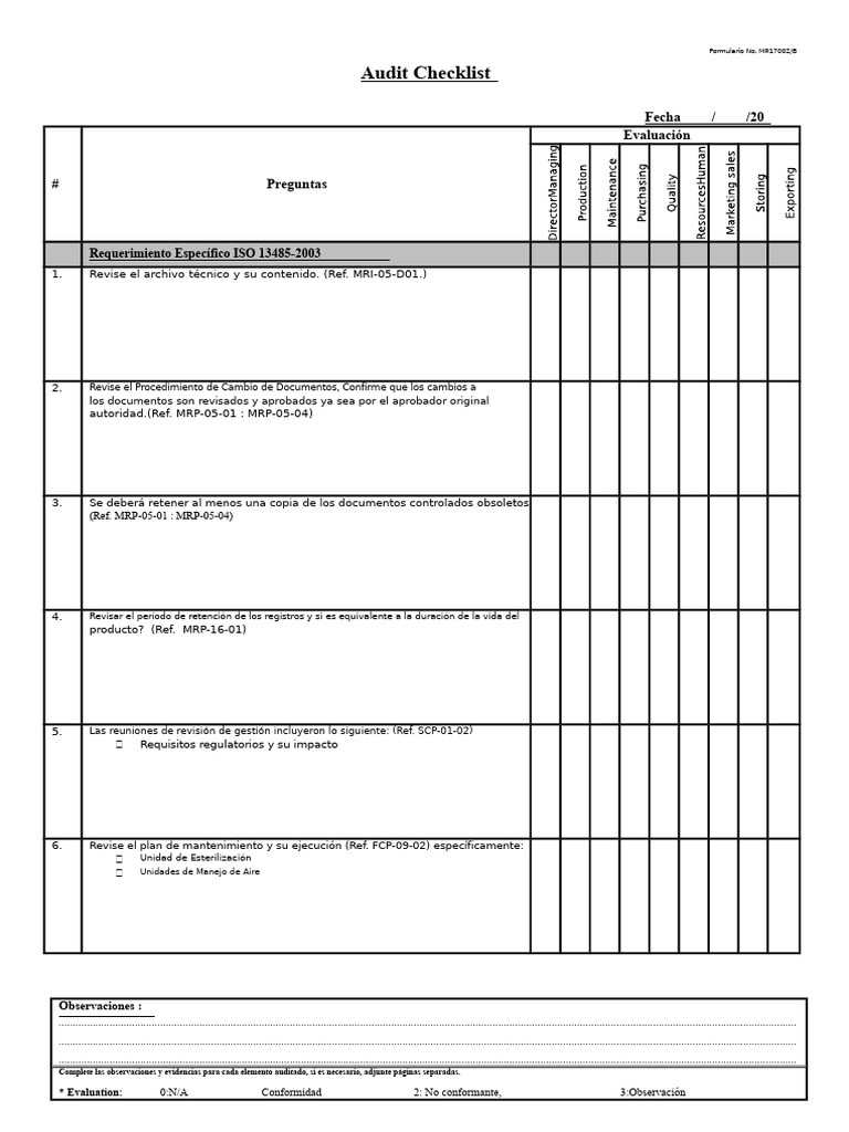Lista de Verificación Auditoría ISO 13485 | PDF | Sistema de manejo de ...