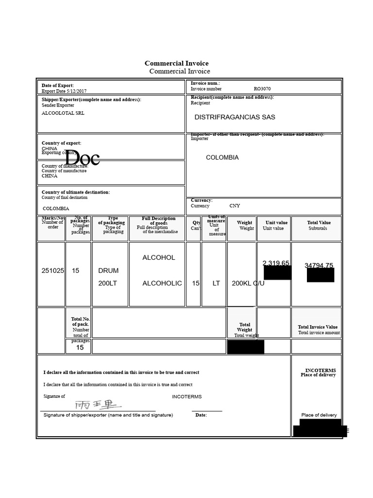 Commercial Invoice for Alcohol Export | PDF | International Trade