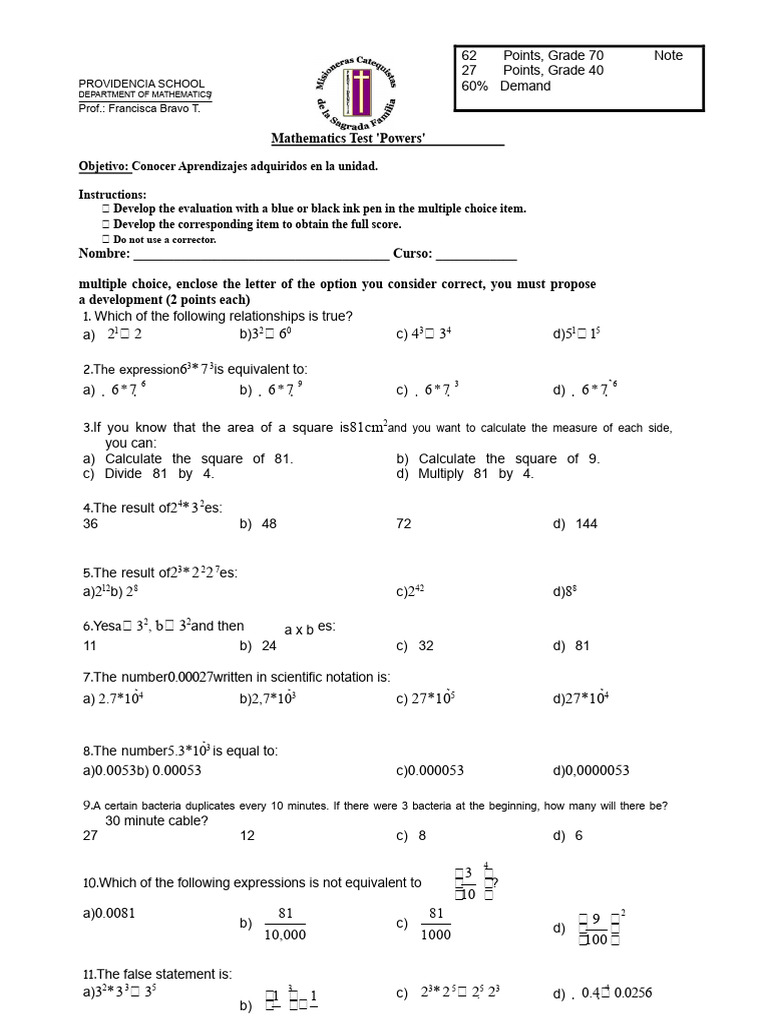 Power Test 7th Grade B | PDF | Multiple Choice | Mathematics