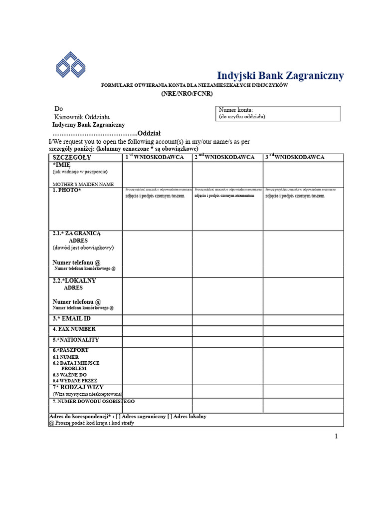 Formularz Otwarcia Konta IOB NRE NRO FCNR | PDF