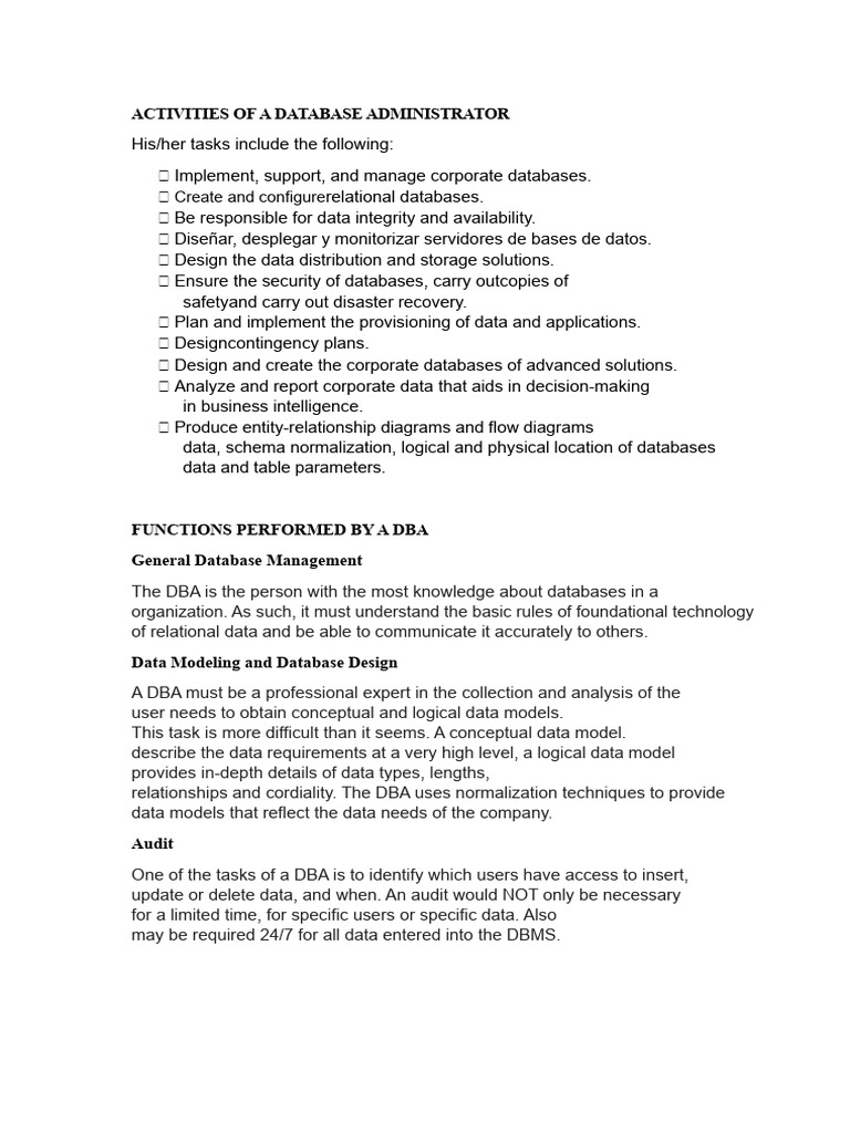Database Administrator Activities Overview | PDF | Databases ...