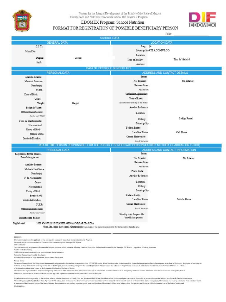 EDOMÉX School Nutrition Program Registration | PDF