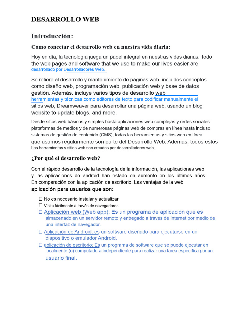 Introducción al Desarrollo Web y sus Tipos | PDF | Desarrollo web | HTML