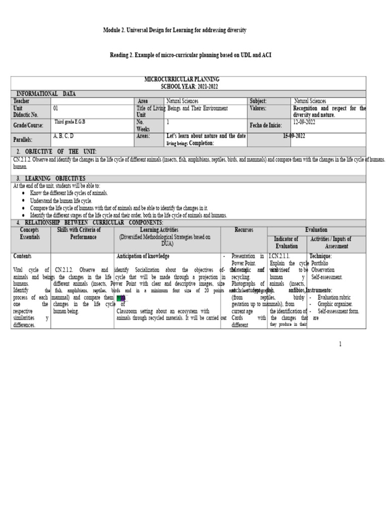 Example of Microcurricular Planning Based On Universal Design For ...