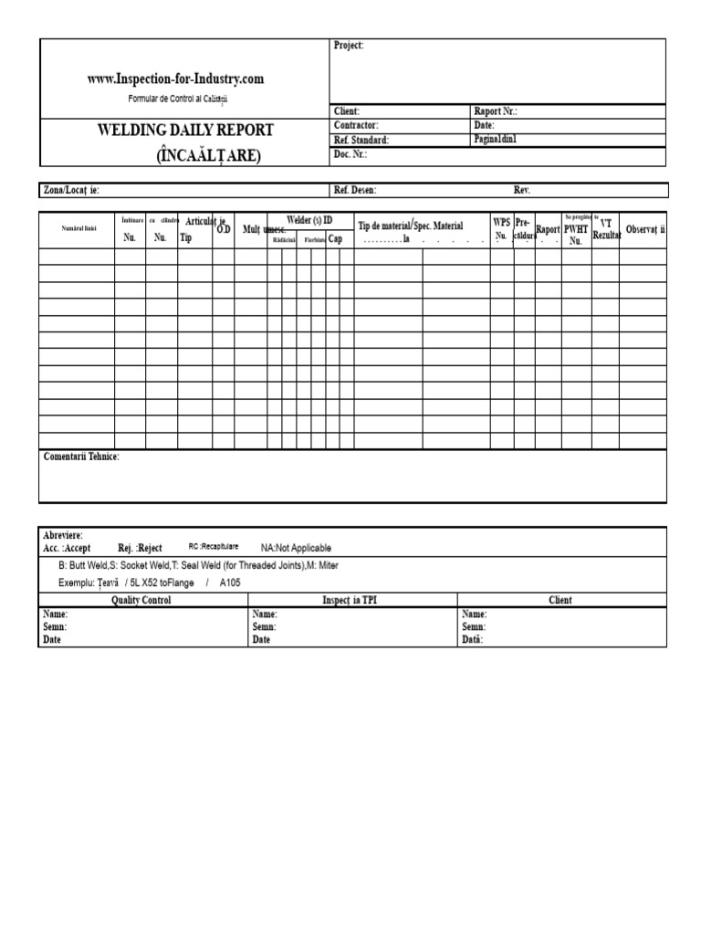Formular de Raport Zilnic de Control Al Calității Și Inspecție Pentru ...