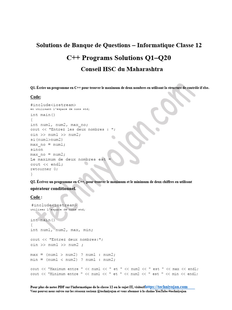 Solutions C++ pour Classe 12 Informatique | PDF | C ++ | Programmation ...