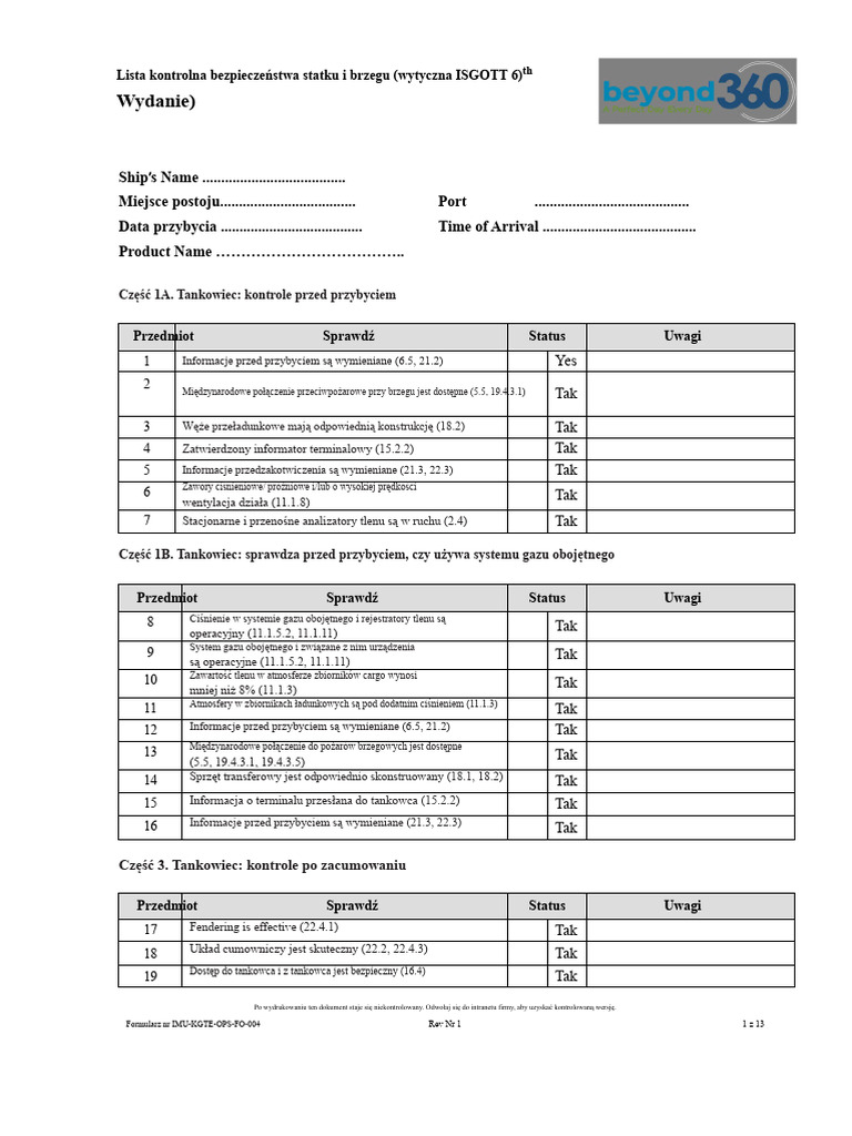 Lista Kontrolna Bezpieczeństwa Statku I Brzegu - Eng ISGOTT 6 WYDANIE | PDF
