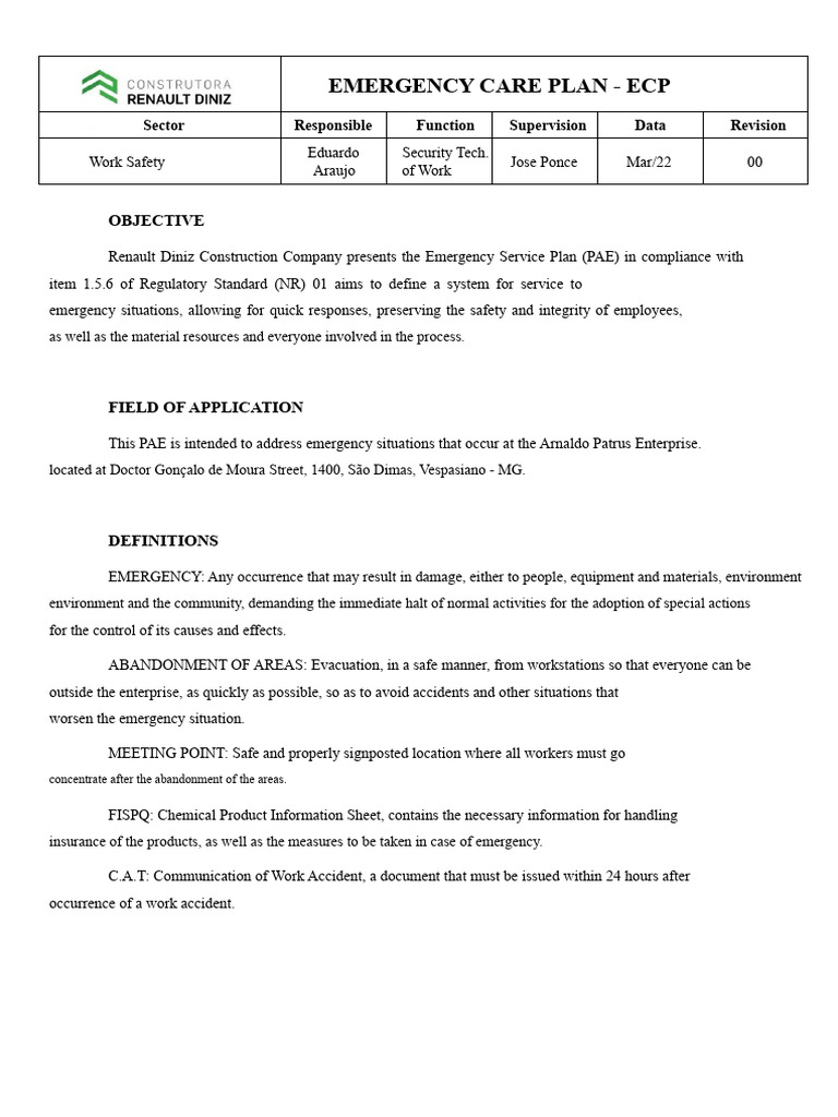Emergency Care Plan - ECP | PDF | Occupational Safety And Health ...