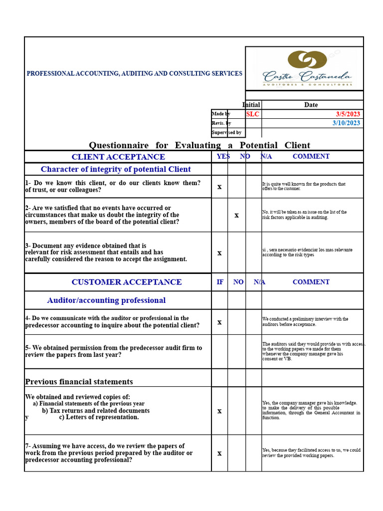 Client Acceptance Questionnaire for Audits | PDF | Audit | Accounting