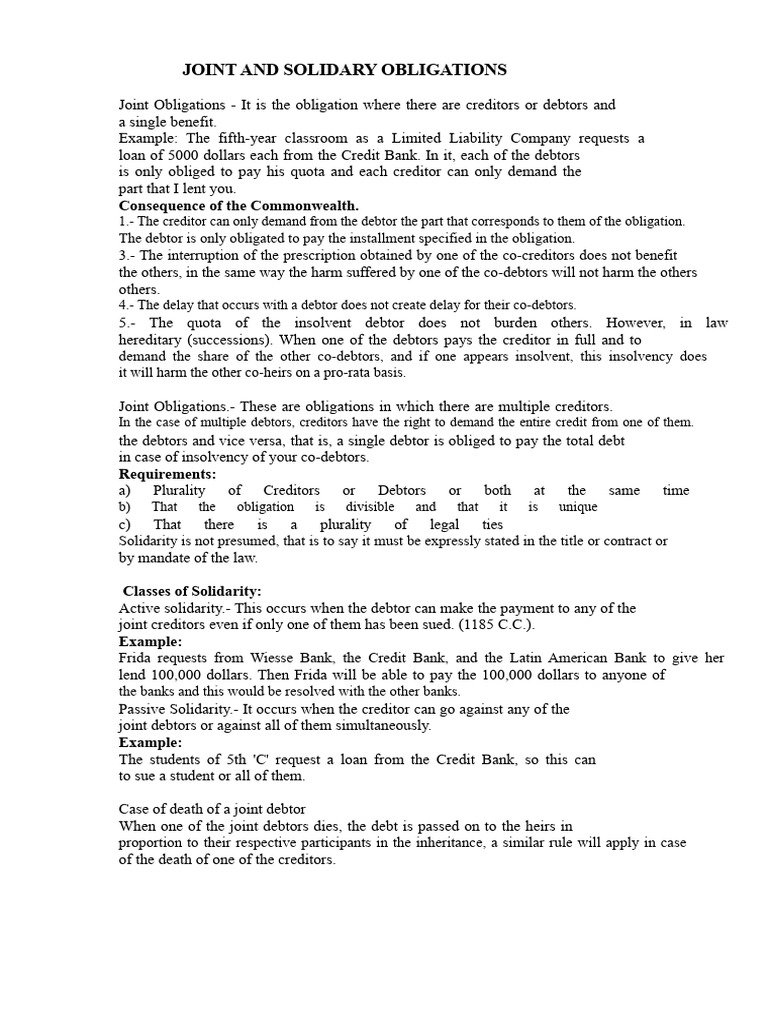 Joint and Several Obligations | PDF | Debtor | Civil Law (Legal System)