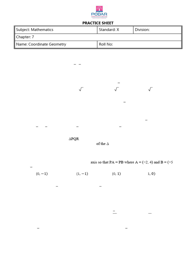 Coordinate Geometry Practice Sheet | PDF | Circle | Triangle