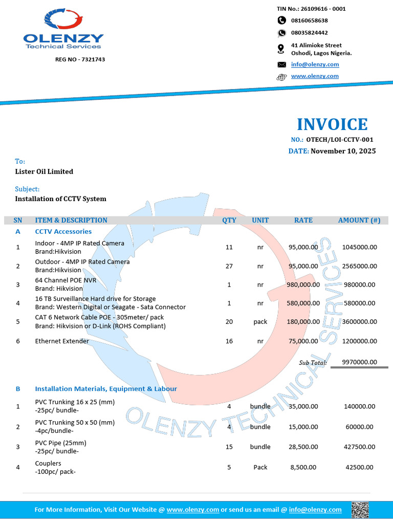 CCTV Installation Invoice for Lister Oil | PDF | Closed Circuit Television