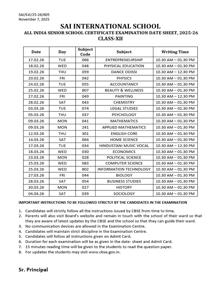 Class XII Exam Date Sheet 2025-26 | PDF