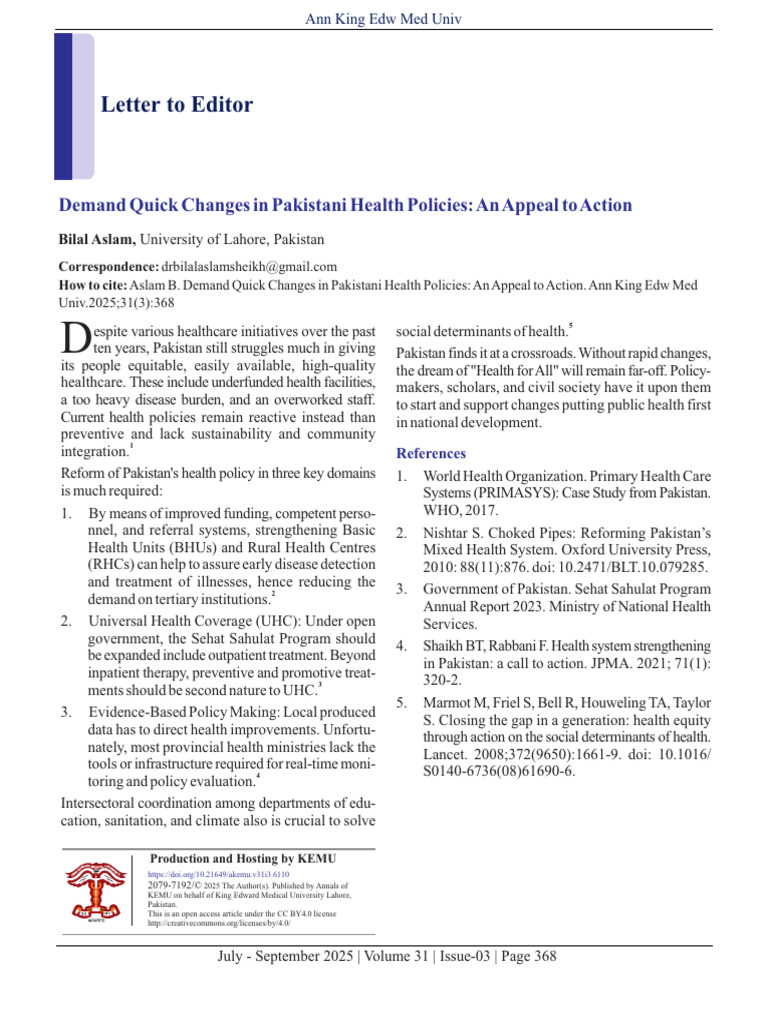 23 +Letter+to+Editor+ (Bilal+Aslam) | PDF | Health Care | Public Services