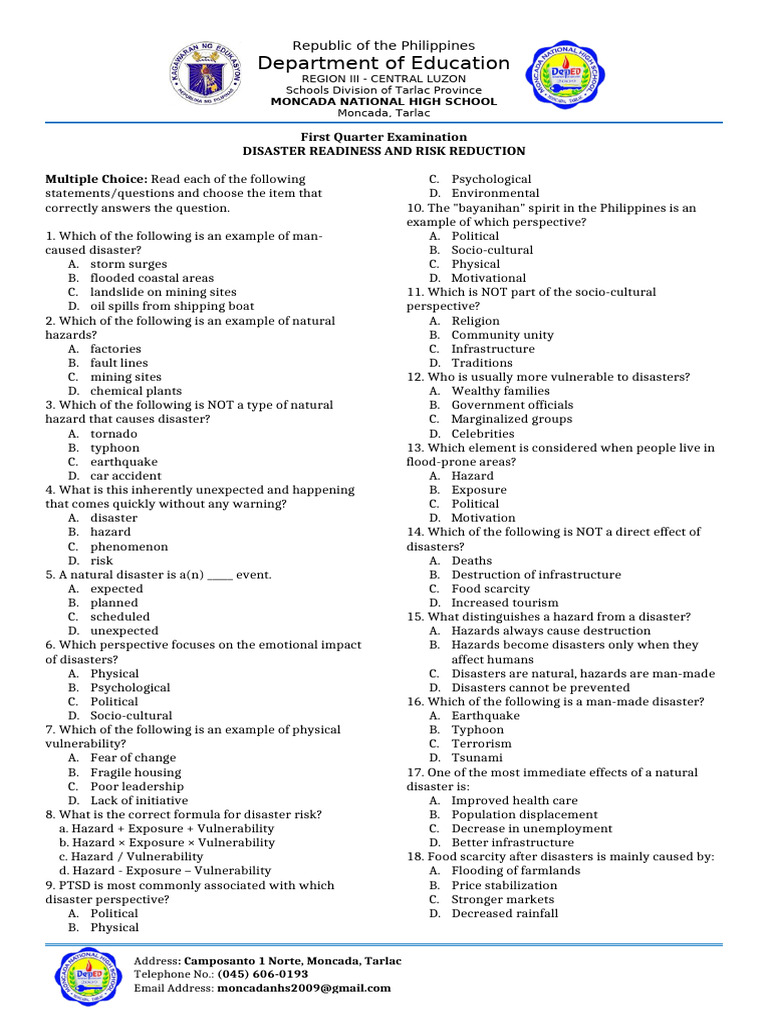 Disaster Readiness Exam Questions | PDF | Natural Disasters | Hazards
