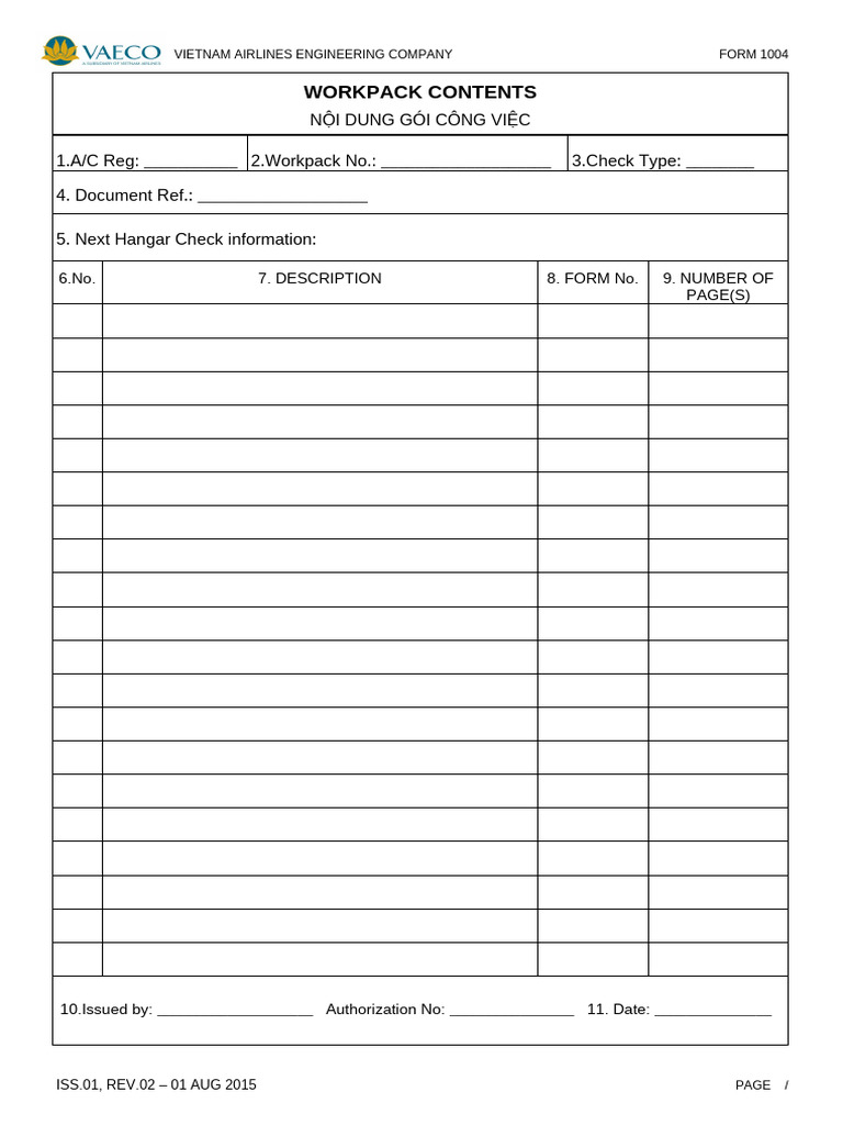 Vietnam Airlines Workpack Form 1004 Guide | PDF