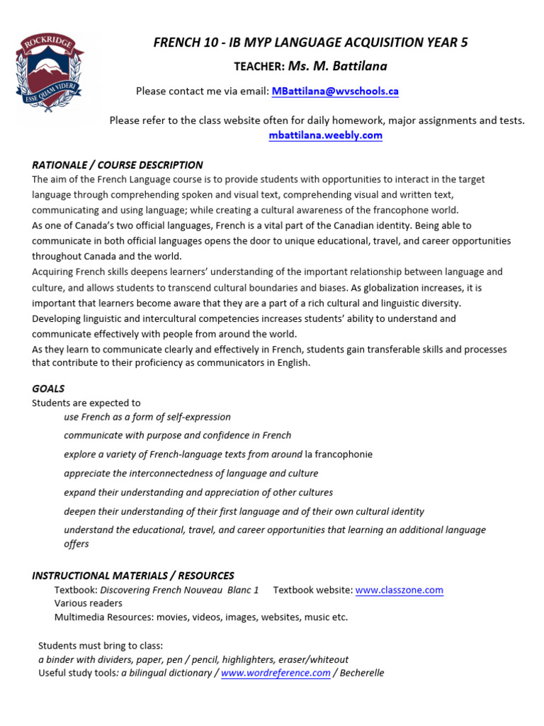 French Language Course Overview MYP 10 | PDF | Information | Homework