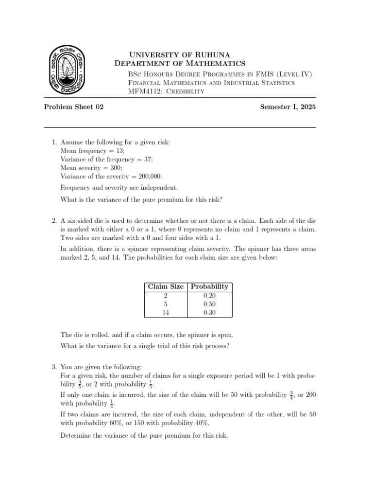 MFM4112 Problem Sheet 02 | PDF | Poisson Distribution | Teaching ...