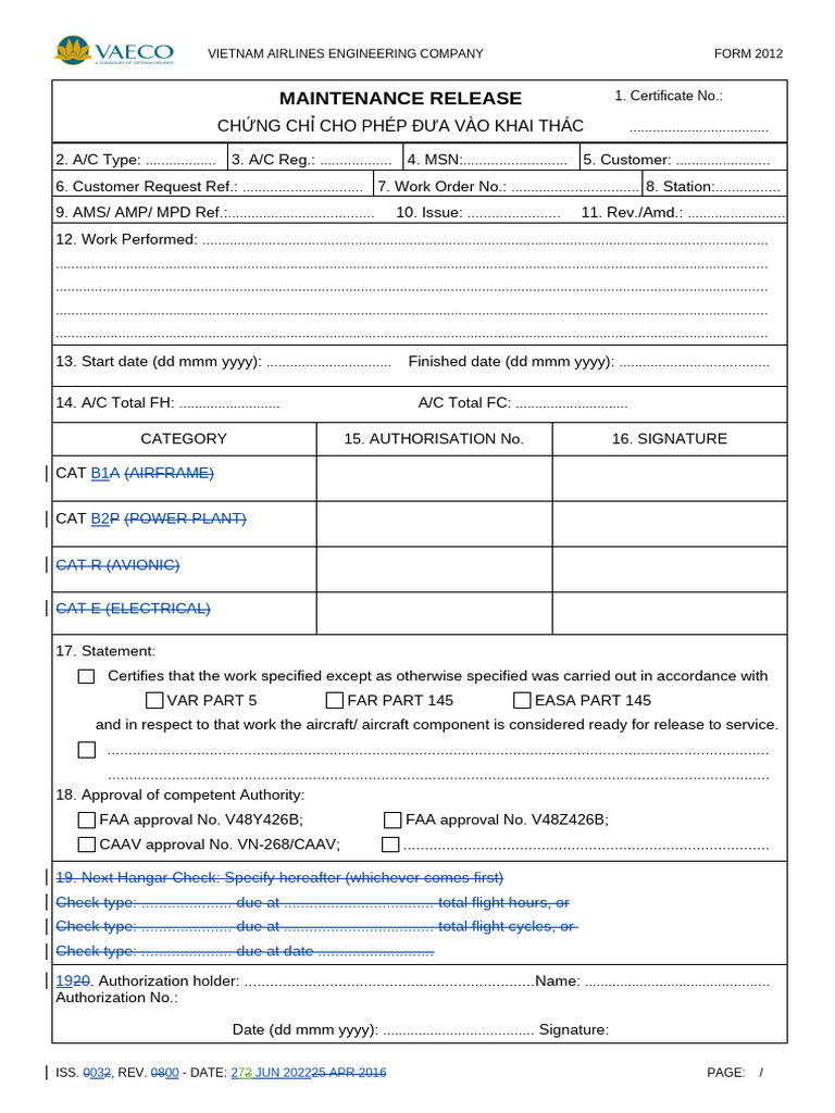 Vietnam Airlines Maintenance Release Form | PDF | Aircraft | Aviation