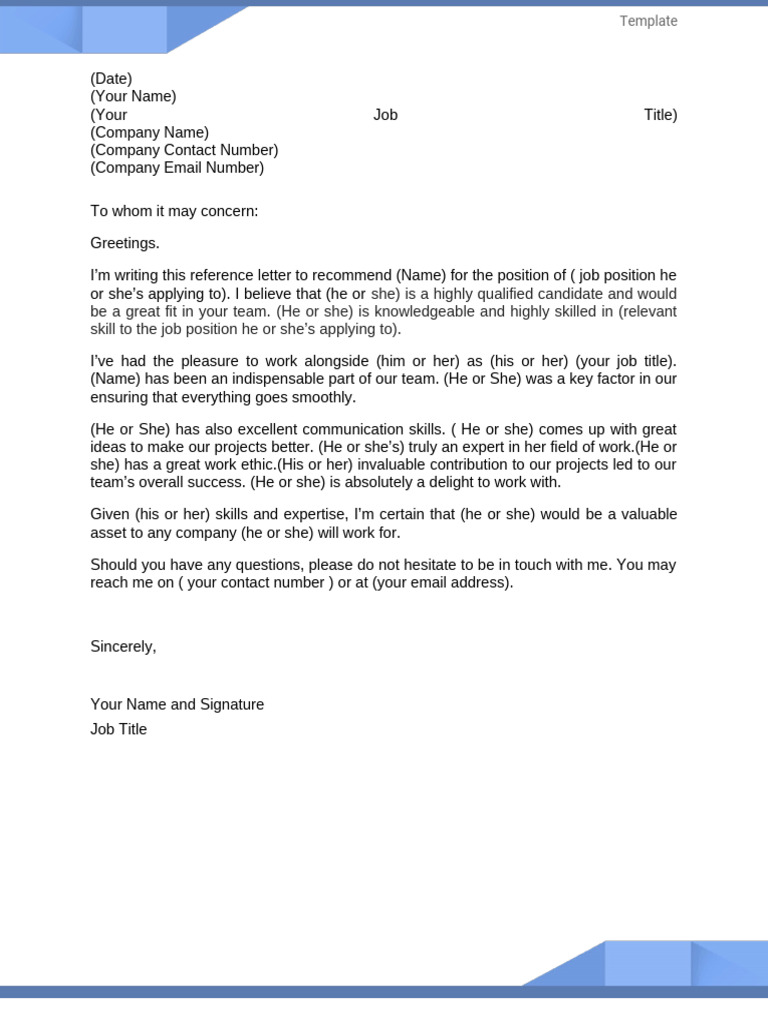 Reference Letter Template for Job Candidates | PDF