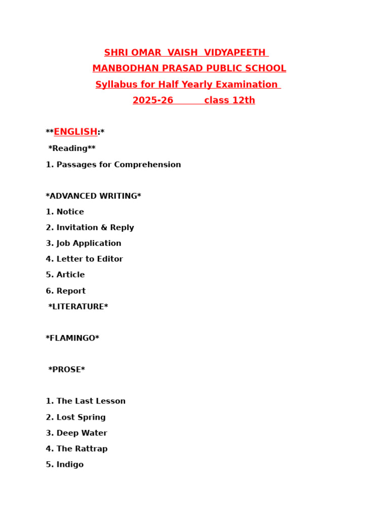 Class 12 Half Yearly Exam Syllabus 2025-26 | PDF | Derivative
