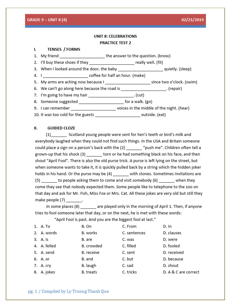 Grade 9 Unit 8 Celebrations Practice Test | PDF