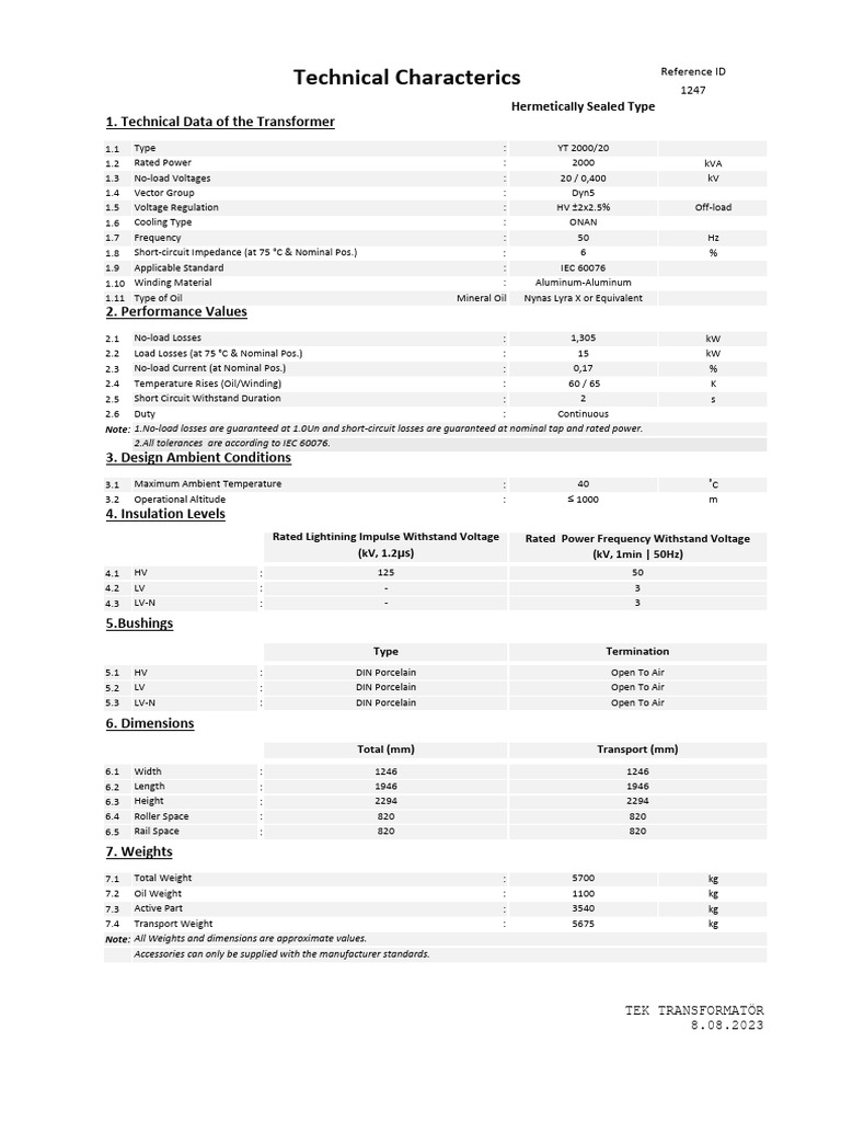 2000 kVA Transformer Technical Data | PDF | Transformer | Manufactured ...