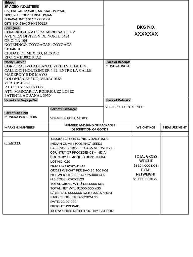 BL Draft SP Agro Inv No. 072 | PDF