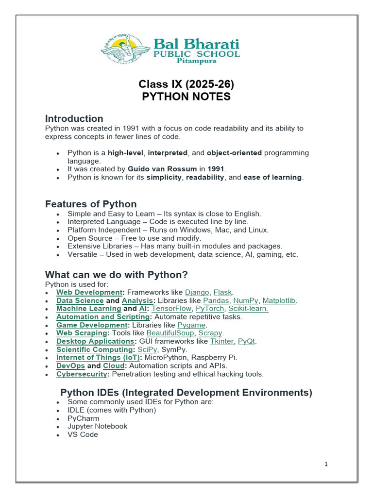 Python Programming Notes for Class IX | PDF | Python (Programming ...