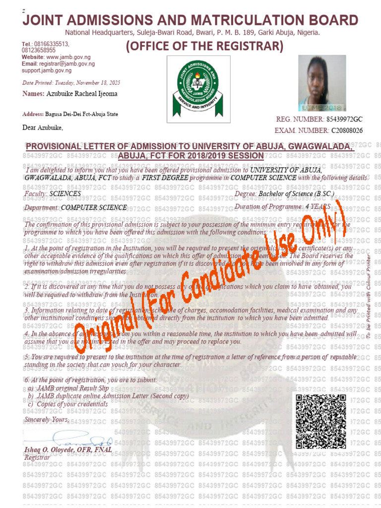 Azubuike Racheal Ijeoma Admission Letter | PDF | Qualifications ...