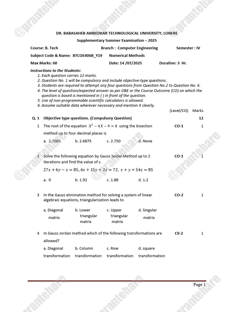 Numerical Methods Exam Paper 2025 | PDF | Matrix (Mathematics ...