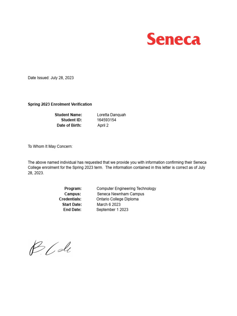 Spring 2023 Enrolment Verification Letter | PDF