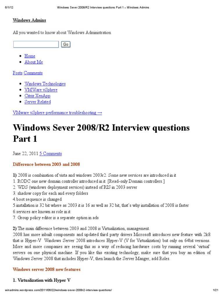 Windows Sever 2008 - R2 Interview Questions Part 1 Windows Admins | PDF ...