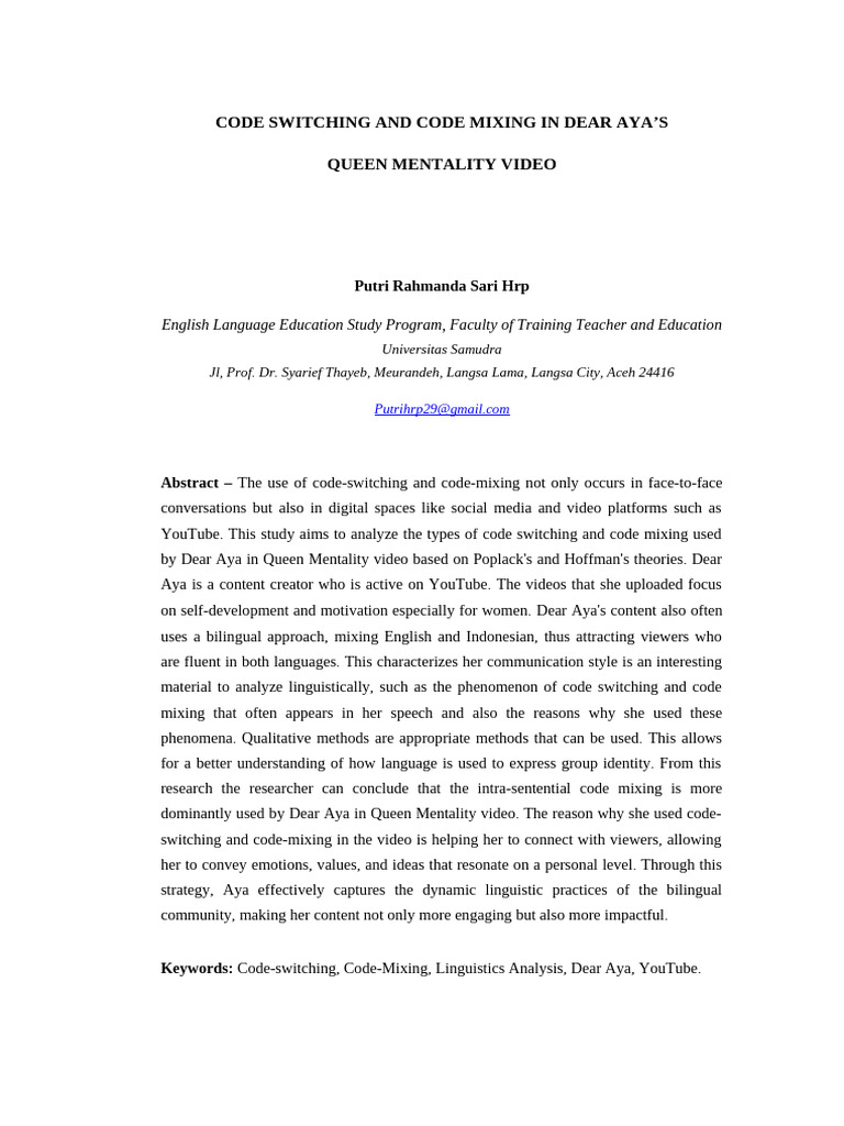 Code Switching and Code Mixing in Dear Aya - Putri Harahap | PDF ...