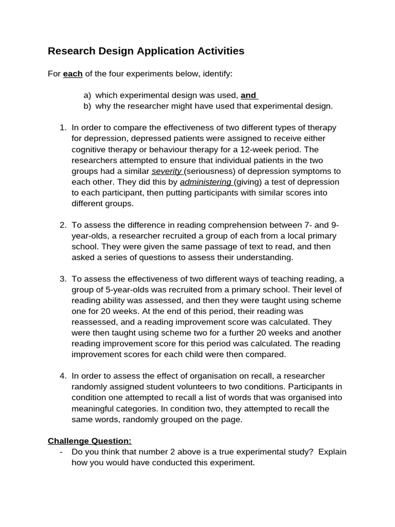 Research Design Application Activities | PDF