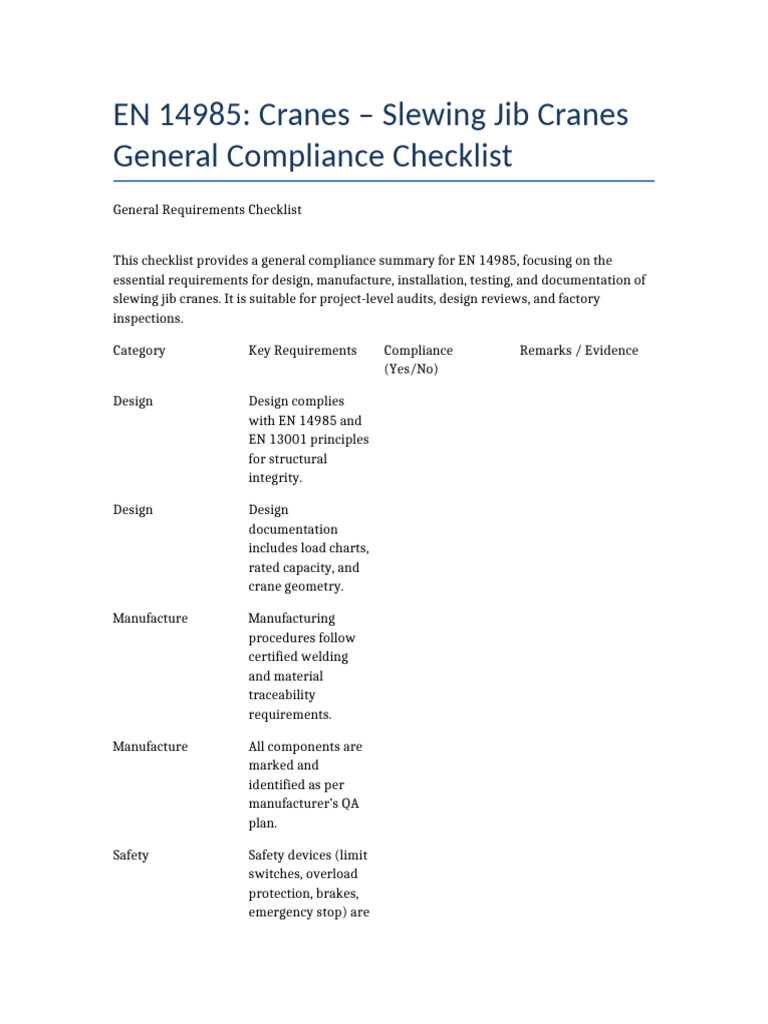 EN 14985 Compliance Checklist for Cranes | PDF | Crane (Machine ...