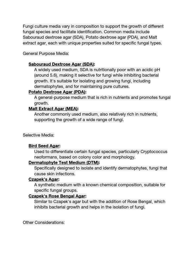 Fungal Culture Media Types and Uses | PDF
