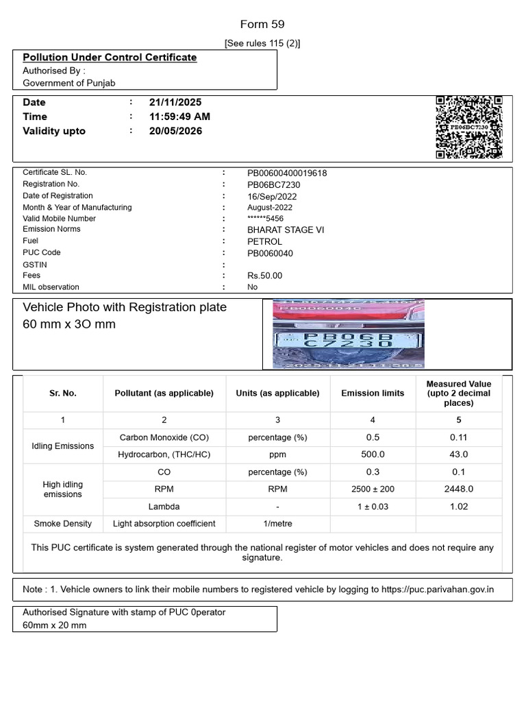 Vehicle Photo With Registration Plate 60 MM X 3O MM: Pollution Under ...